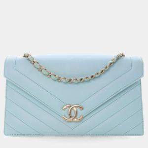 Pre Owned Chanel Chevron Flap Medium Tiffany Blue Calfskin Shoulder Bag