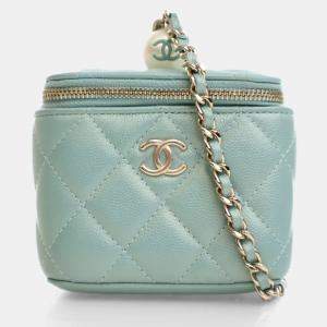 Pre Owned Chanel Pearl On Top Mini Green Caviar Vanity Case