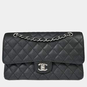 Pre Owned Chanel Classic Double Flap Medium Black Caviar Leather Shoulder Bag