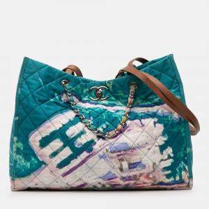 Pre Owned Chanel Blue CC Quilted Nylon Graffiti Watercolour Shopping Tote
