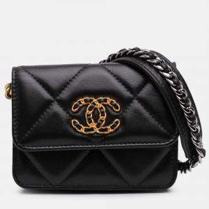 Pre Owned Chanel Black Lambskin 19 Flap Coin Purse With Chain