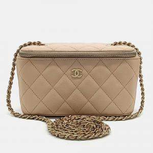 Pre Owned Chanel Beige Leather Chanel Caviar Small Vanity Crossbody Bag