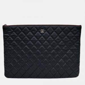 Pre Owned Chanel Black Caviar Leather Clutch Large