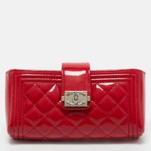 Pre Owned Chanel Red Quilted Patent Leather Boy Phone Holder Pouch 
