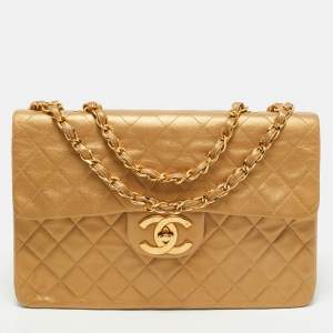 Pre Owned Chanel Gold Quilted Leather Vintage Classic Single Flap Bag