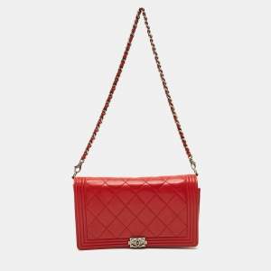Pre Owned Chanel Red Quilted Leather Boy Flap Wallet On Chain