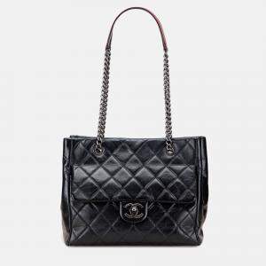 Pre Owned Chanel Black Small Quilted Glazed Calfskin Duo Color Tote