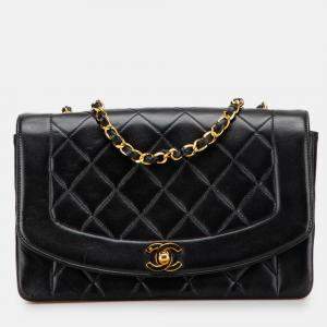 Pre Owned Chanel Black Medium Lambskin Diana Flap