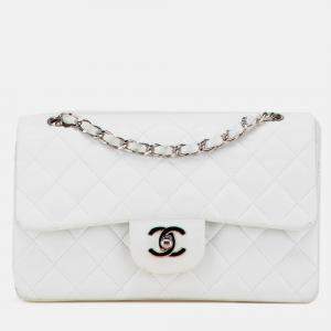 Pre Owned Chanel White Small Classic Lambskin Double Flap