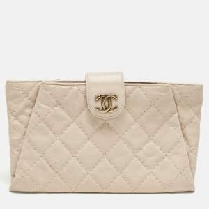 Pre Owned Chanel Light Pink Quilted Aged Leather Coco Pleats Clutch