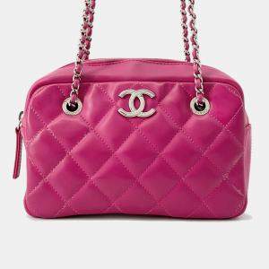 Pre Owned Chanel Cocorain Pink Rubberised Calfskin Chain Shoulder Bag