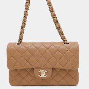 Pre Owned Chanel Classic Double Flap Small Beige Lambskin Chain Shoulder Bag