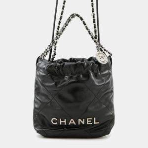 Pre Owned Chanel 22 Mini Black Shiny Calfskin Chain Shoulder Bag