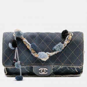 Pre Owned Chanel Blue Paris Dubai Medium Quilted Denim Pompom Flap