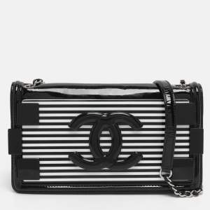 Pre Owned Chanel Black/White Stripe Plexiglass And Patent Leather East/West Boy Brick Flap Bag