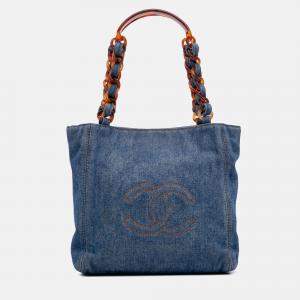 Pre Owned Chanel Blue Small CC Stitched Denim Tote