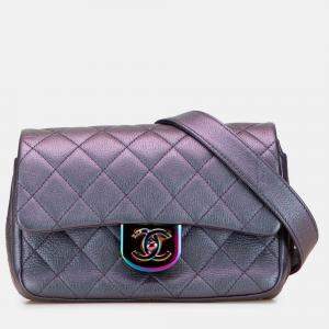 Pre Owned Chanel Purple Small Iridescent Goatskin Double Carry Waist Chain Flap