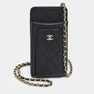 Pre Owned Chanel Black Quilted Caviar Leather Phone Holder Crossbody Bag
