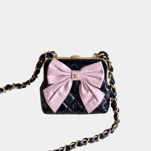 Pre Owned Chanel Black Pink Bow Clip Shoulder Bag