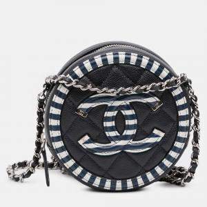 Pre Owned Chanel Blue Caviar Striped CC Filigree Round Crossbody