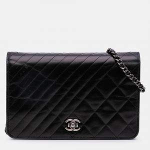 Pre Owned Chanel Black Lambskin Coco Boy Wallet On Chain