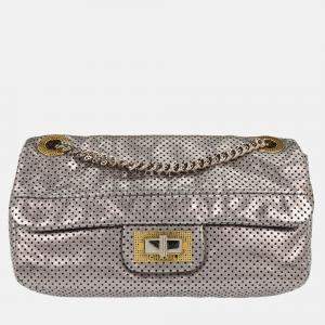 Pre Owned Chanel Silver Perforated Mademoiselle Lock Single Flap Shoulder Bag