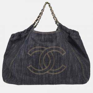 Pre Owned Chanel Navy Denim Tote Handbag