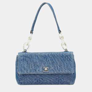 Pre Owned Chanel Coco Mark Shoulder Bag Indigo Blue Denim
