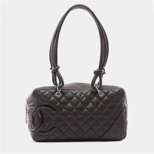 Pre Owned Chanel Cambon Bowling Bag Shoulder Leather Patent Leather  Brown