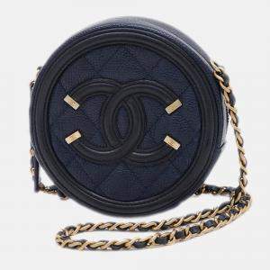 Pre Owned Chanel Cc Filigree Round Chain Shoulder Bag Caviar Navy