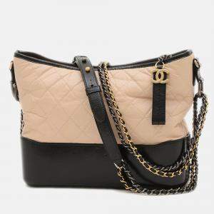 Pre Owned Chanel Gabriel De Hobo Shoulder Bag Leather Beige Black