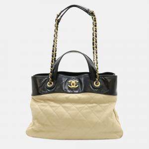 Pre Owned Chanel Matelasse In The Mix Chain Shoulder Tote Bag Handbag Leather Beige Black