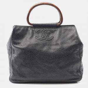 Pre Owned Chanel Wooden Handle Black Calfskin Tote Bag