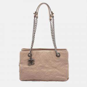 Pre Owned Chanel CC Coco Matelasse Beige Calfskin Chain Shoulder Tote Bag