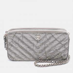 Pre Owned Chanel Coco Chevron V Stitch Silver Patent Leather  Chain Shoulder Bag