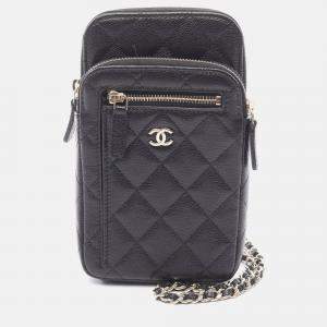 Pre Owned Chanel Matelasse Black Calfskin Phone Holder Shoulder Bag GHW