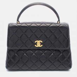 Pre Owned Chanel CC Coco Matelasse Lambskin Leather Black Top Handle Bag 