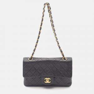 Pre Owned Chanel Matelasse W Flap Black Lamb Leather  Chain Shoulder Bag