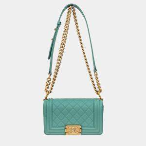 Pre Owned Boy Chanel Emerald Green Lambskin Small Chain Shoulder Bag