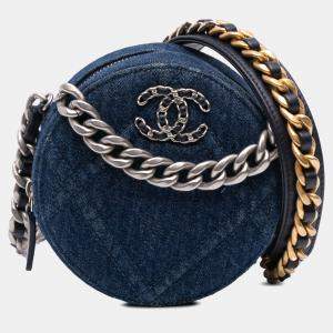 Pre Owned Chanel Blue Denim 19 Round Clutch with Chain
