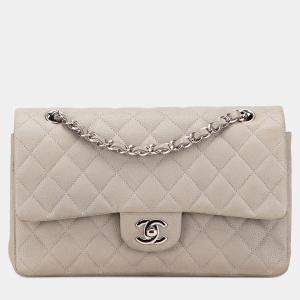 Pre Owned Chanel Grey Medium Classic Caviar Double Flap
