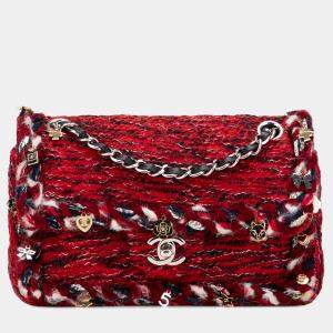 Pre Owned Chanel Red Small Classic Tweed Charm Double Flap