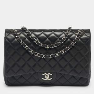 Pre Owned Chanel Black Quilted Leather Maxi Classic Double Flap Bag
