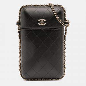 Pre Owned Chanel Black CC Quilted Lambskin Chain Around Phone Holder