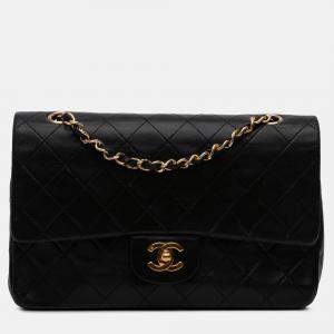 Pre Owned Chanel Black Medium Classic Lambskin Double Flap