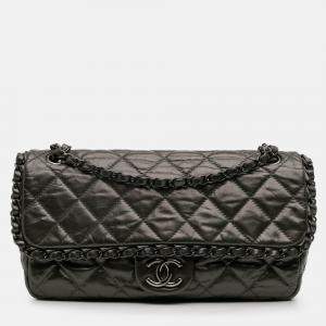 Pre Owned Chanel Grey Medium Quilted Metallic Aged Calfskin Chain Me Flap
