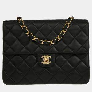 Pre Owned Chanel Black Lambskin Classic Square Flap Shoulder Bag