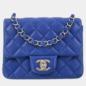 Pre Owned Chanel Blue Lambskin Mini Classic Square Flap Shoulder Bag