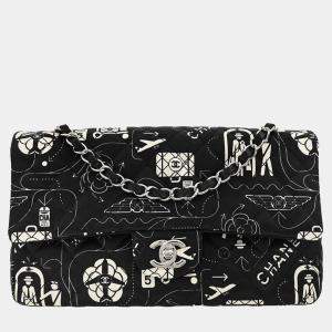 Pre Owned Chanel Black Satin Airline Medium Classic Double Flap Shoulder Bag
