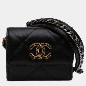 Pre Owned Chanel Black Lambskin 19 Flap Coin Purse With Chain